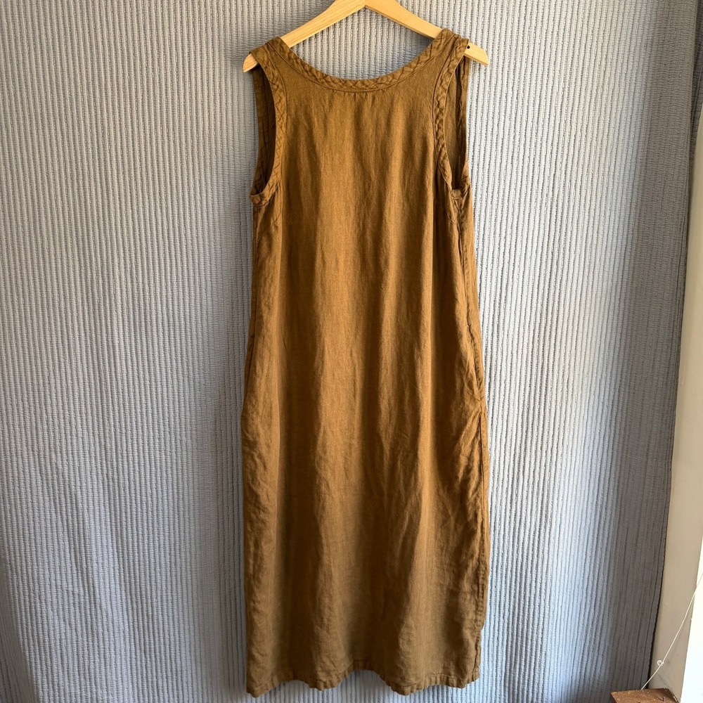 Sauths Linen Braided Neckline Shift Dress Brown Medium